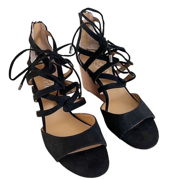 New Franco Sarto Size 6 Black Lace Up Wedge Sandals - Picture 3 of 6